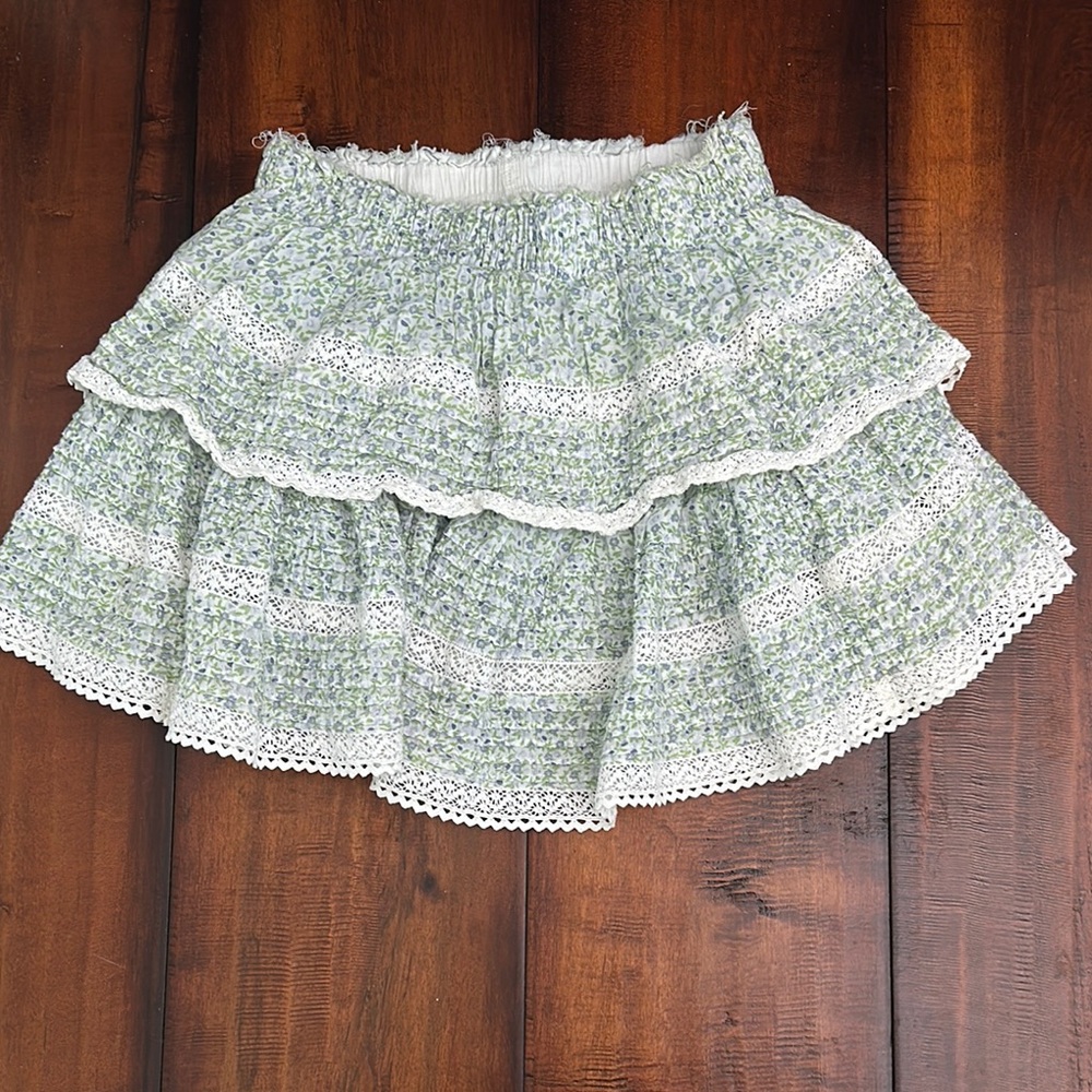 Aerie Floral Green Skirt with Lace Trim